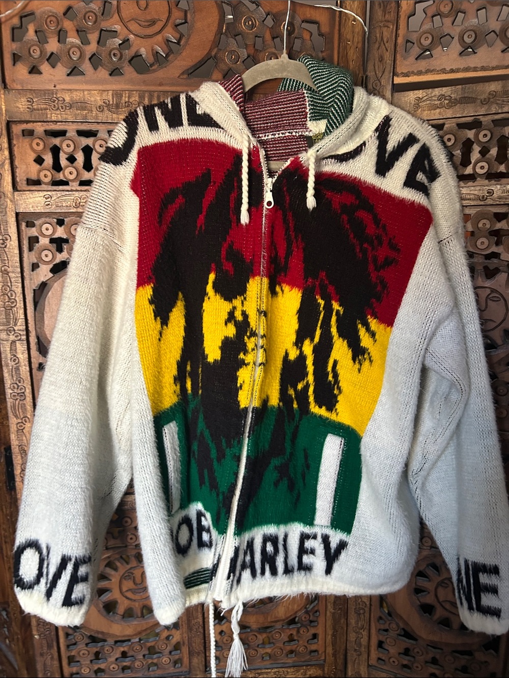 Rasta Zip-Up Hoodie Sweater - White with Red/Yellow/Green